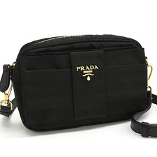 Prada Crossbody Shoulder Bag Pouch Ribbon Nylon Leather Black Gold Hardware