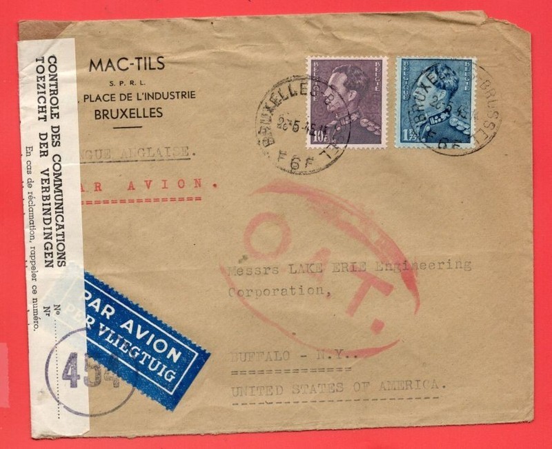 Belgium OAT Censor cover to USA 1946