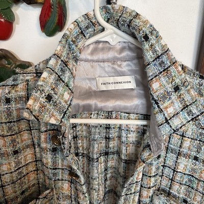 Faith Connexion Blue Tweed Jacket Shirt Shacket Button Up Women