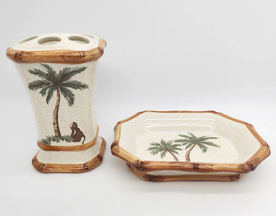 VTG Springmaid Palm Tree Monkey Toothbrush Toothpaste Holder and Soap Dish Set
