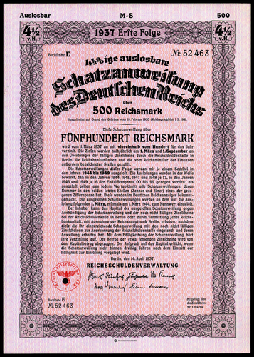 1937 Nazi Germany 6 Twelve Year Treasury Bonds RM100-20K Third Reich Finance VF+ - Picture 7 of 11