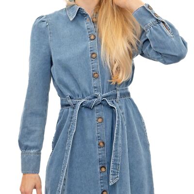 M&S Denim Dress Blue Womens Belted Midi Shirt Puff Long Sleeve Regular Size  6 | eBay