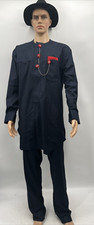 Men's Navy Blue African Shirt Pants Traditional Suit Two Piece Set Size Large