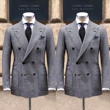 Check Men's Suits Double Breasted Peak Lapel Formal Wedding Groom Tuxedos 2pcs