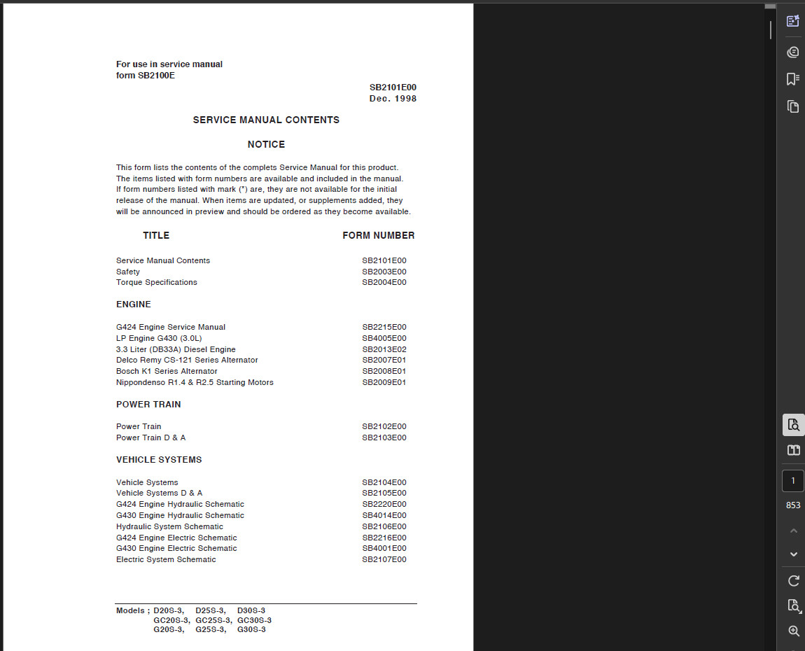 DAEWOO DOOSAN G25S-3 FORKLIFT SERVICE REPAIR SHOP MANUAL PDF USB