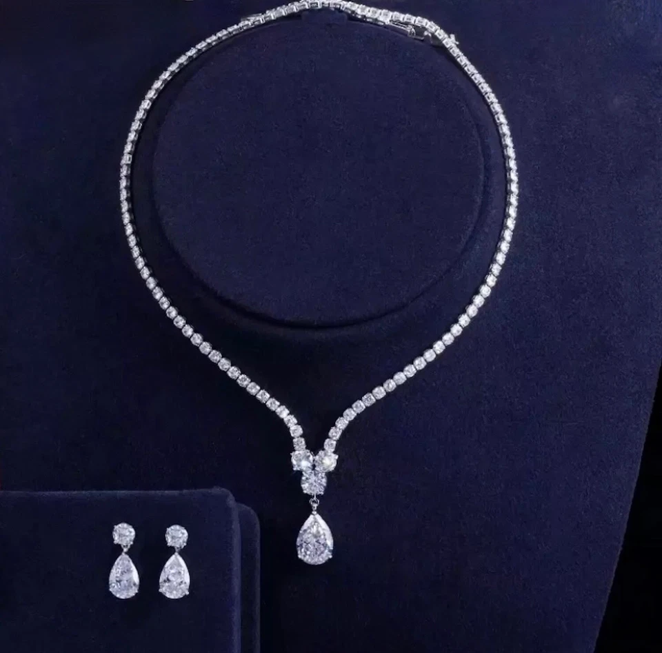 18k Platinum Plated made w Swarovski Crystal Tennis Necklace Earrings Bridal Set - Image 3 of 4