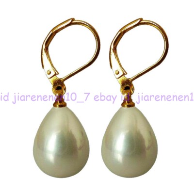 12X16mm White Shell Pearl Teardrop Dangle Gold-plated Leverback Earrings PE131 e