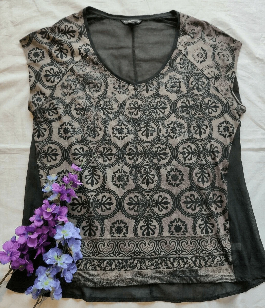 Rock & Republic Black Brown Sequin Bling Cap Sleeve Tshirt SZ