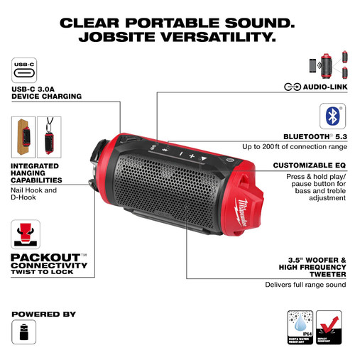 Milwaukee 2955-20 M12 12V PACKOUT Cordless Bluetooth Jobsite Speaker - Bare Tool - Afbeelding 11 van 12