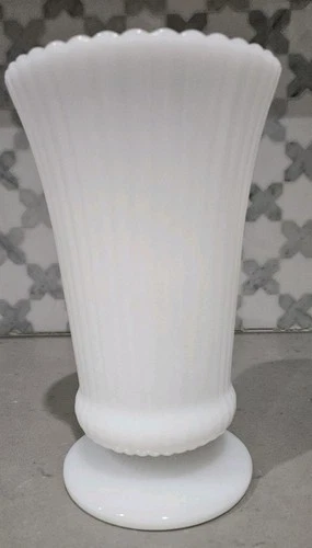Vtg E O Brody Milk Glass Footed Fluted Ribbed Scalloped Rim Vase 7 3/4"  U.S.A.