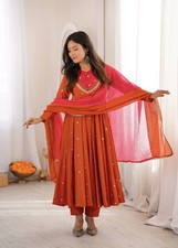 Exclusive Roman Silk Orange Gown Bottom With Dupatta For Functional Wear