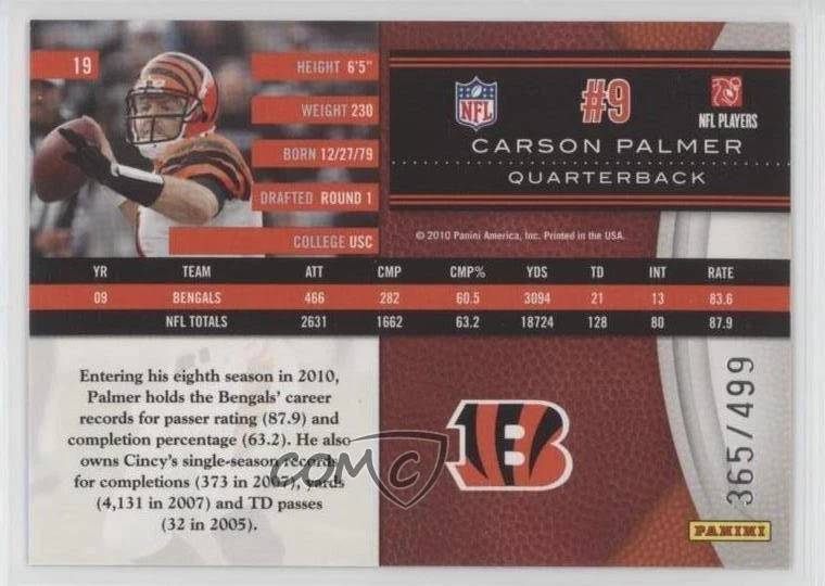 2010 Panini Limited /499 Carson Palmer #19 - Image 2 of 2