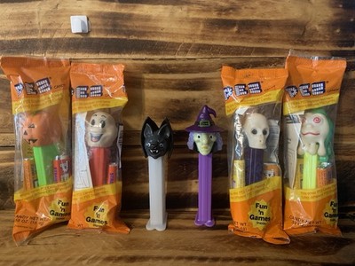 Lot of 6 Halloween PEZ Dispensers Pumpkin, Witch, Skull, Bat, Ghost, Slimy Sid
