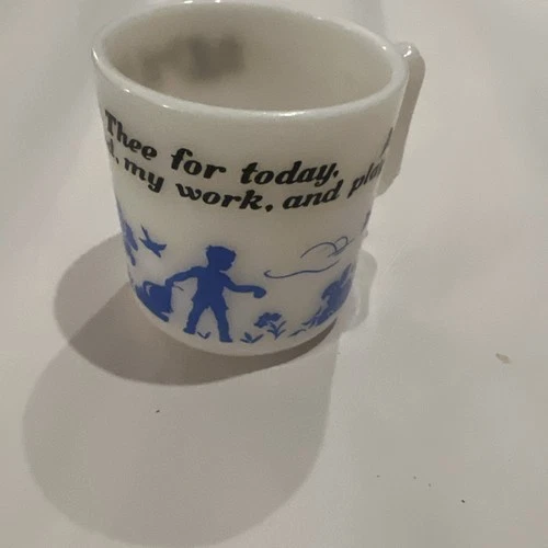 Fire King Vintage Child’s Prayer Mug White Milk Glass Blue Print Anchor Hocking