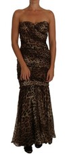 Dolce & Gabbana Brown Leopard Silk Chiffon Ruched Mermaid Maxi Women's Dress
