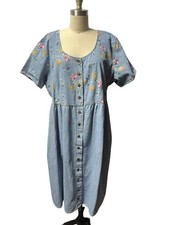 Vtg 90s Studio Ease Denim Midi Dress Blue Floral Button Cottage Prairecore 2X 3X