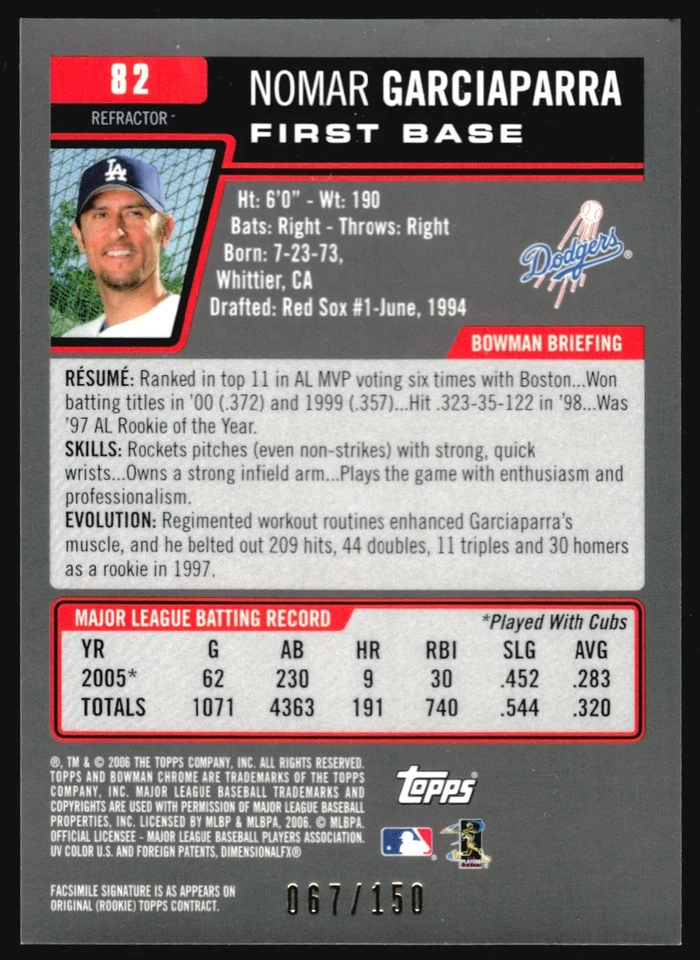 Bowman Chrome NOMAR GARCIAPARRA 2006 refractor azul/150 #82 Jesey combinación de colores Foto 2 de 2