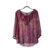 Lauren Ralph Lauren Purple Paisley Sheer Ruffle Boho Popover Blouse, Women's XL