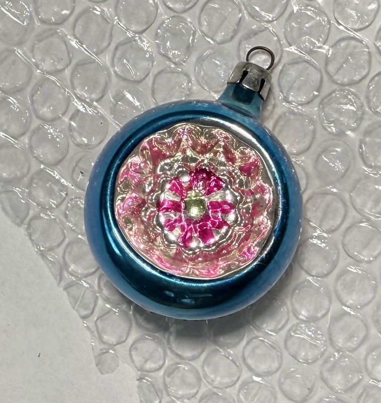 Vintage Poland Ornament Indent Blue Mercury Glass Pink Gold Stripes Reflector 