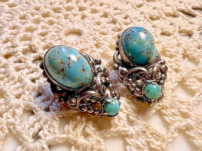 Boucles d'oreilles anciennes cabochon pâte de verre turquoise argenté clips - Photo 1/4