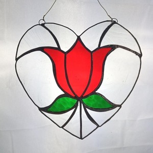Stained Glass Panel Wall Hanging Window Decor 8 x 8 In Red Tulip Art Glass