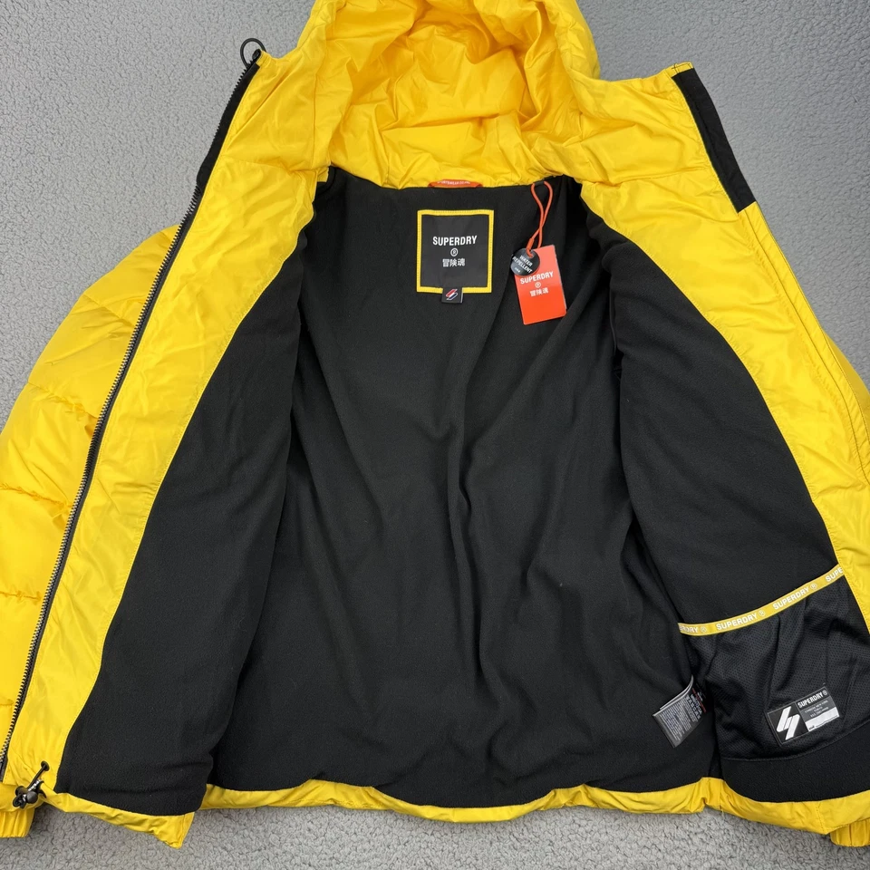 Superdry Puffer 夹克男式中号黄色连帽防水拉链 M50112A — 第 3/4 张图片