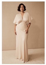Anthropologie BHLDN Leila Deep V Flutter Sleeve Satin Gown Champagne Sz 16