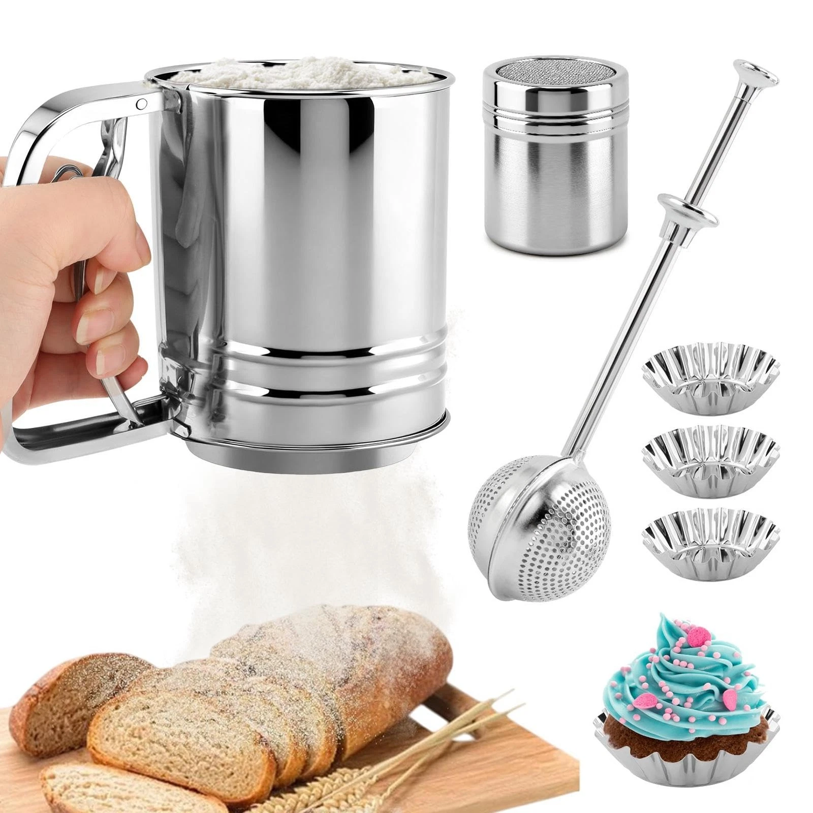 Flour Sifter, 4 in 1 Stainless Steel Baking Sifter with Powder Sugar Shaker D...