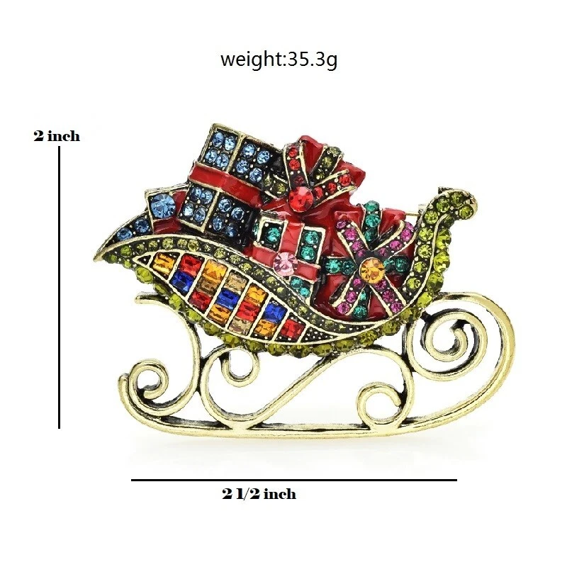Broche de Navidad Trineo Lleno de Regalos Cristal Estrás Prendedor y Bolsa de Terciopelo Rojo Foto 3 de 4