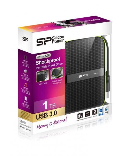1TB Silicon Power Armor A60 Shockproof Portable Hard Drive -USB3.0 -Black/Green - Image 2 of 4