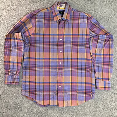 Robert Talbott Mens Shirt L Plaid Purple Blue Pocket ButtonDown Classic LS Logo