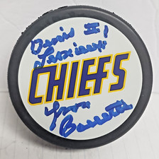 Yvon Barrette autographed hockey puck (Slap Shot Movie) as Denis Lemieux W Cube