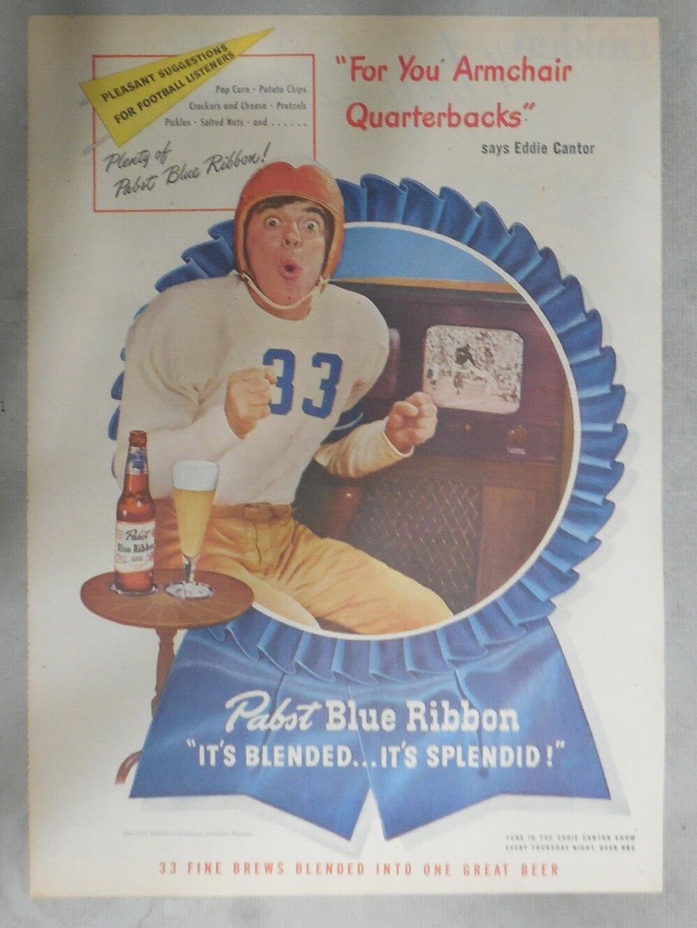 PBR Beer Ad Armchair Quarterback Featuring Eddie Cantor ! from 1947 11