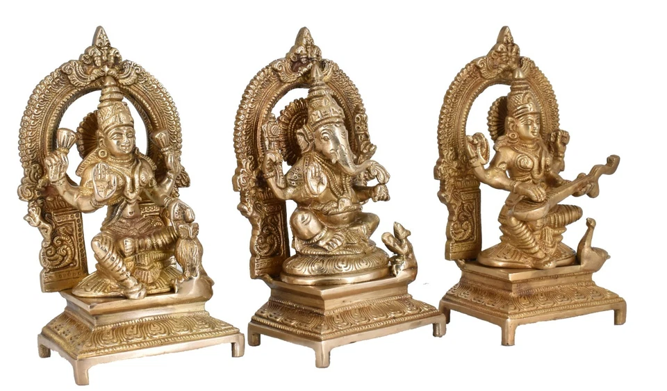 Estatua de ídolo de ballena blanca de latón Ganesha y diosa Laxmi Saraswati decoración del hogar Foto 3 de 4