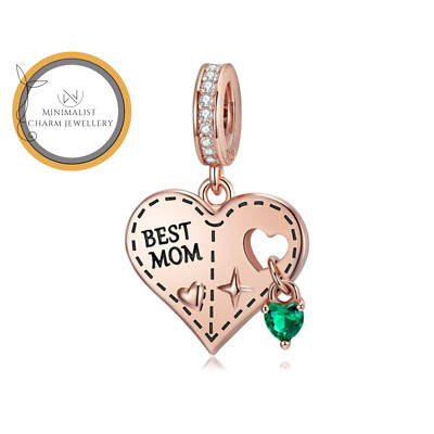 Rose Gold Best Mom Heart Dangle Charm, Mother Gift Charm, Silver Charm