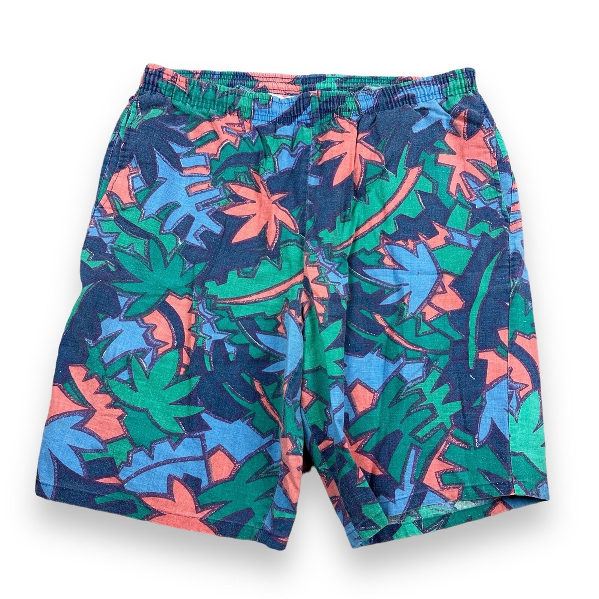 Vintage 80s 90s Surf Beach Shorts Lightweight AOP Leaves Green