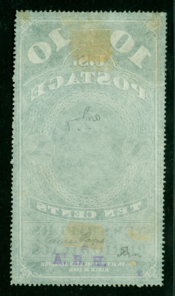 US  1865 NEWSPAPER STAMPS - FRANKLIN 10c green Scott # PR2b mint  XF - signed  - Image 2 of 2
