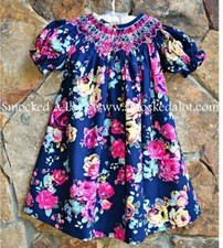 Smocked A Lot Girls Bishop Dress Navy Blue Floral Pink Rose Birthday Outfit