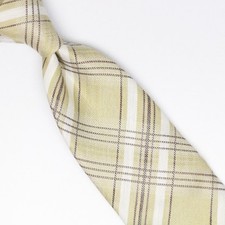 John G Hardy Mens Linen Silk Necktie Beige Cream Brown Plaid Weave Woven Italy
