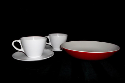 Vintage Royalon Melamine White Sugar Bowl, 2 Cups w/ Saucers & Red/White 8'' Bowl