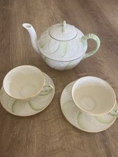 Belleek Celtic Design Green Gilded Teapot And Cup And Saucer Set