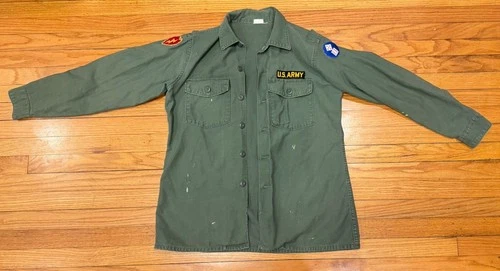 Vintage OG-107 Sateen Vietnam Era Green Shirt Size 16.5x34 Military Army