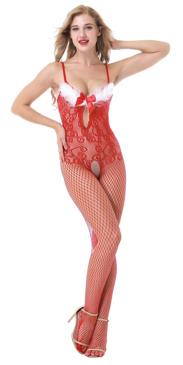 Womens Sexy Red Bodystocking Christmas Santa Bodysuit Lingerie Sleepwear Costume
