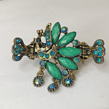 Vintage Sparkly Peacock Rhinestone Barrette Hair Clip