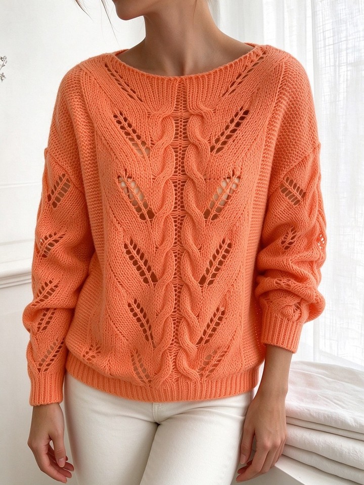 Womens Solid Color Hollow Knit Pullover Sweater Viscose Fiber Regular ...