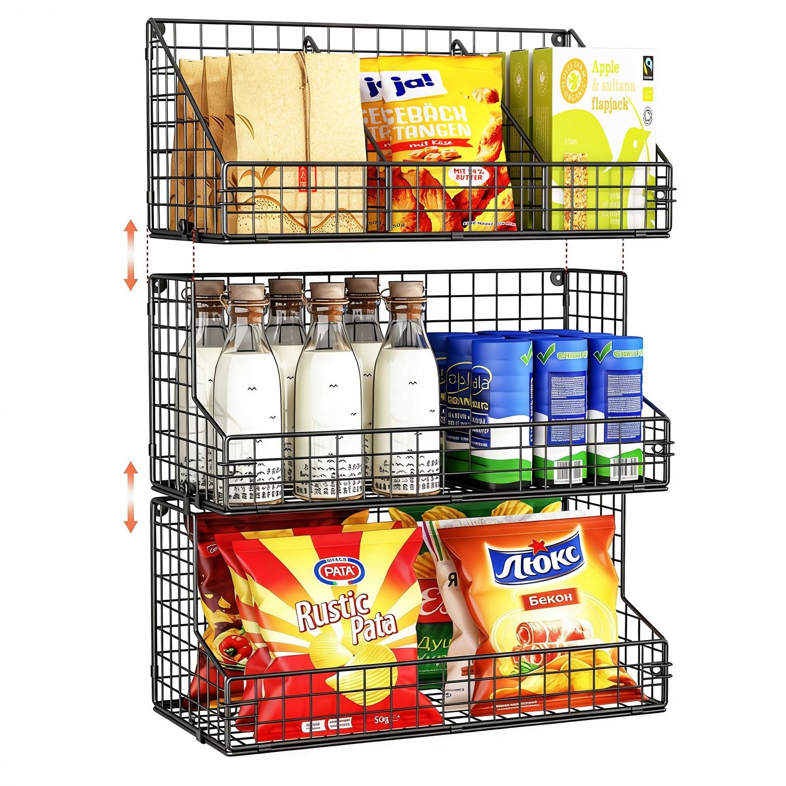 3 Tier Stackable Snack Organizers with 3 Divinder 5 Hooks Metal Wire Basket Snac