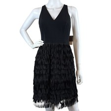 New Aidan Aidan Mattox Crepe Fringe Tiered Cocktail Evening Dress Black Size 2