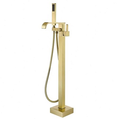 Freestanding Bathtub Mixer Faucet Brushed Gold Tub Filler with Handheld Shower