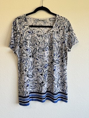 Croft & Barrow Women's Blue Paisley Short Sleeve Round Neck Jersey Knit Blouse M