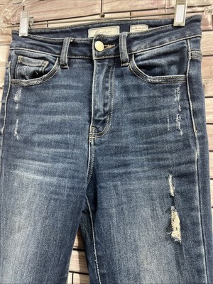 Kancan womens 3/25 Dark Wash Flare Jeans raw hem stretch high waisted zip